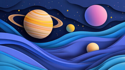 Wall Mural - surreal illustration of planets floating on curved paper layers, one striped gas giant with a yellow