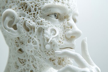 Fototapete - Intricate human figure sculpture questions identity and existence in a minimalist studio setting with neutral background