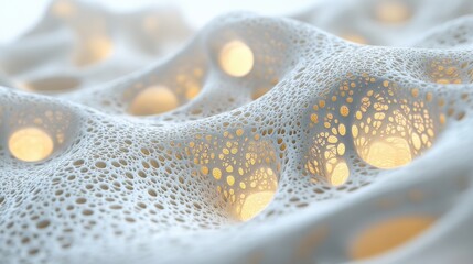 Aufkleber - Exploration of intricate white structure with luminous openings showing organic forms and soft, flowing shapes illuminated in a calm ambient light