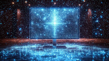 Fototapete - Digital Cosmos: A mesmerizing display of data visualization on a computer screen, illuminated by vibrant blue particles in a dark setting.