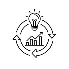 Poster - Innovation Cycle: An iconic linear illustration of a business process or idea. Features a graphic lightbulb representing insight and progress, with a chart pointing upwards to signal growth.