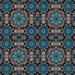 Wall Mural - Flowers among dry grass. Autumn design for tablecloth, carpet, scarf, tapestry in fairytale ethnic style. Red and blue mandalas flowers and plant ornament on black background. Seamless pattern.