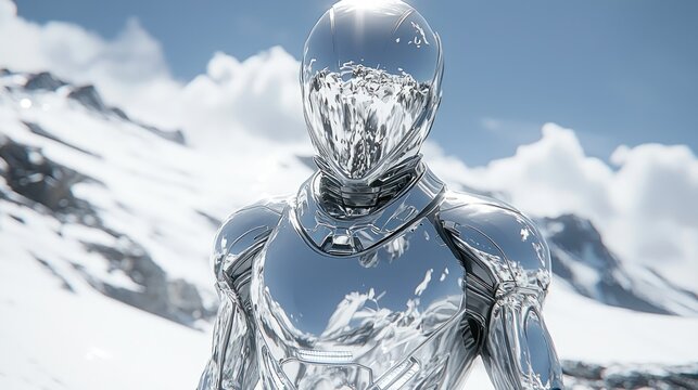 Chrome Robot in Snowy Mountains: A Futuristic Winter Scene