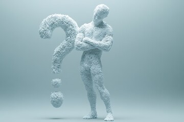 Fototapete - Human figure made of dynamic materials stands confidently beside a large question mark in an abstract setting during an artistic display