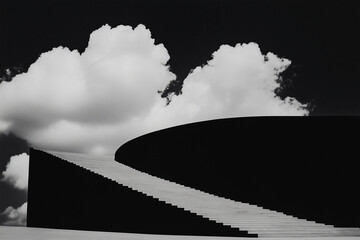 Poster - Abstract Architectural Composition: An elegant grayscale photograph presents a modern architectural structure, with geometric shapes against a backdrop of dynamic clouds.