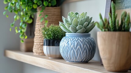 Poster - Modern decor arrangement with candles and delicate flowers in soft blue tones for a tranquil indoor atmosphere during daylight