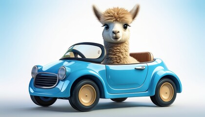  Niedliches Alpaka in einem blauen Auto