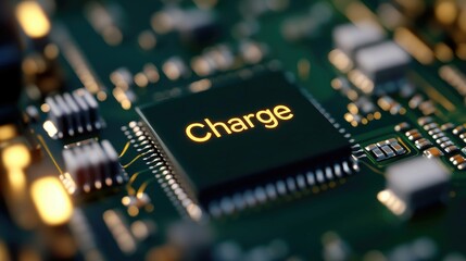 Poster - Close up of a Circuit Board Chip with Illuminated Charge Text High tech digital technology concept