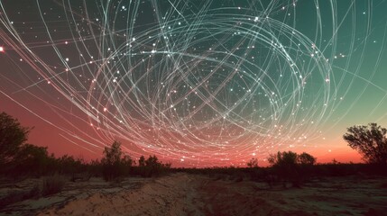 Wall Mural - Vibrant night sky with star trails over desert landscape at sunset