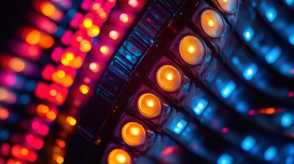 Poster - Colorful LED lights create a vibrant display in a darkened space, illuminating the atmosphere with various hues and patterns during an evening event
