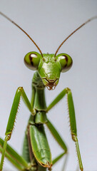 Wall Mural - Close-up of a green praying mantis on a white background.