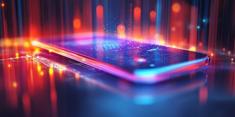 Poster - Colorful smartphone displaying digital interface while resting on a reflective surface with blurred lights creating a vibrant atmosphere