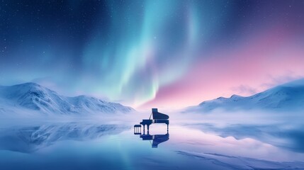 grand piano under northern lights reflecting on icy landscape