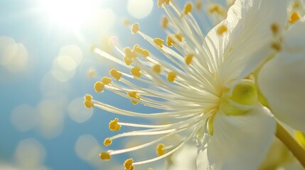 Wall Mural - Close-up view of a delicate white flower with intricate yellow stamens, illuminated by soft sunlight. The background features a dreamy bokeh effect with a blend of soft colors, creating a serene and e
