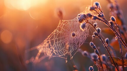 a close-up view of a delicate spider web adorned with glistening dew droplets, illuminated by the wa