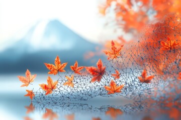 Aufkleber - Vibrant autumn leaves float above tranquil water with a distant mountain backdrop at dawn in a serene natural landscape