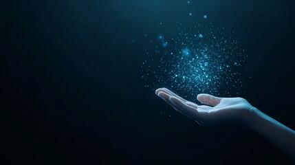 Wall Mural - Mystical hand with glowing light particles in dark atmosphere