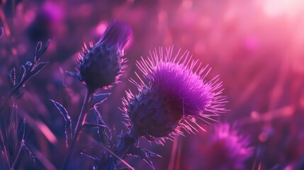 Wall Mural - A close-up view of thistle flowers in a vibrant purple hue, set against a softly blurred background that transitions from warm pink to deep violet. The flowers exhibit fine, spiky textures and a gloss
