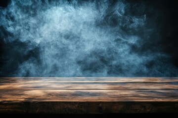 Poster - Foggy atmosphere created on a wooden surface with swirling smoke against a dark backdrop in a low-light environment