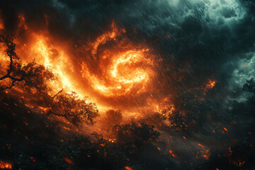 Wall Mural - A fiery spiral of flames and smoke swirls through a forest