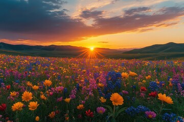 Aufkleber - Vibrant wildflower field at sunset with colorful blossoms and golden light stretching across the landscape