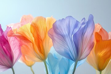 Aufkleber - Colorful blooms of freesia showcasing vibrant petals in soft pastel shades against a light background create a joyful and serene atmosphere in a spring garden