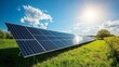 © Atmospheric stock - Solar panels in sunny field with blue sky and clouds