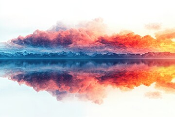 Fototapete - Mountain landscape reflects vibrant sunset over calm water, creating a serene atmosphere with colorful hues in the sky and mist around the trees