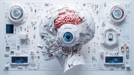 Poster - advanced technology concept illustrating a glowing brain surrounded by digital circuits and futurist