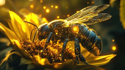 Wall Mural - A highly detailed and vibrant image of a bee sitting on a sunflower with an ethereal glow. The bee is depicted with a metallic texture, adorned with sparkling particles of light that enhance its featu