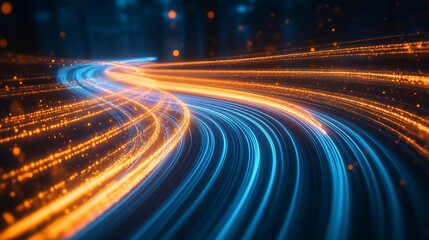 Fototapete - Swirling bright orange and blue light trails creating a captivating motion effect in a digital landscape : Generative AI