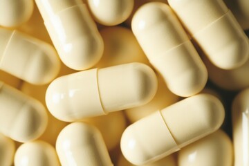 Poster - An array of yellow capsules highlights their uniform shape and soft surface appealingly arranged : Generative AI