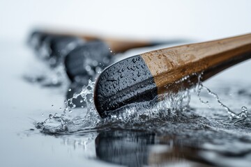 Poster - Water flows rapidly over a wooden surface, creating splashes and droplets in a well-lit environment during the day, capturing the beauty of natural movement and texture