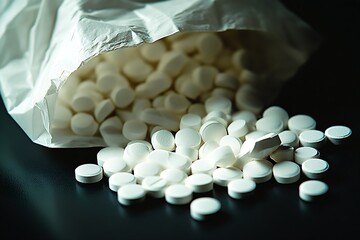 Poster - A close view of scattered white pills spilling from a bag symbolizing healthcare and medications : Generative AI