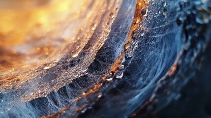 Close-up macro photograph capturing the intricate details of a spider web, adorned with glistening dewdrops, illuminated by warm, golden light. The image highlights the delicate structure of the web, 