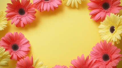 Poster - Bright gerbera daisies forming a circular pattern on vibrant yellow background