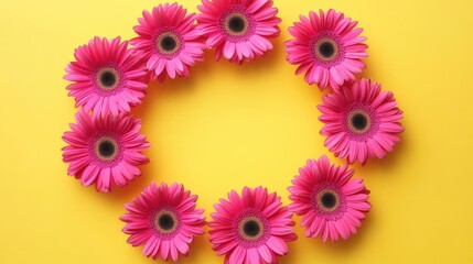 Poster - Bright gerbera daisies forming a circular pattern on vibrant yellow background