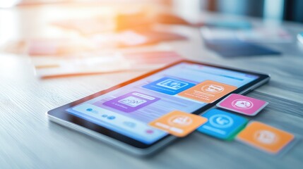 Poster - Digital tablet with financial forecasting app open beside corporate ID badges