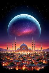night cityscape with a large, vibrant celestial body above a grand mosque and illuminated buildings