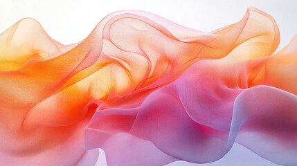 Fototapete - Colorful abstract fabric waves flowing gracefully in shades of purple, orange, and pink against a light background during daylight