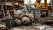 © Sawat - Pile of heavy-duty cement mixers, shovels, and other construction tools near a stack of concrete blocks