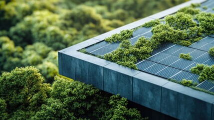 Poster - Sunlight filters through lush trees over solar panels in a peaceful natural setting, highlighting the harmony between technology and nature