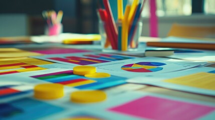 Poster - Workspace filled with colorful financial graphs and market analysis printouts