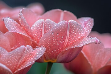 Aufkleber - Close-up of pink tulip petals with morning dew capturing natural beauty in a garden setting during early spring