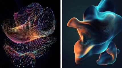 Poster - Colorful Abstract Digital Waves and Shapes with Illuminated Patterns on Dark Background