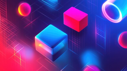 Fototapete - Abstract geometric background with colorful cubes and spheres in neon lighting for modern design projects