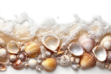 Poster - Waves crashing on a sandy shore revealing various seashells in a tranquil beach setting during the golden hour of sunset