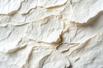 Fototapete - Textured handmade paper torn along the edge resting on a smooth white surface, showcasing natural fibers and imperfections in a soft light setting