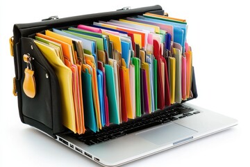 Poster - Organized workspace with stylish leather accessories and a laptop on a wooden desk during afternoon hours