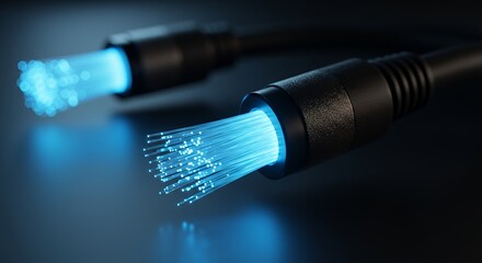 Aufkleber - Fiber Optic Cable Technology Transmitting Data with Glowing Blue Light, Connecting Networks for High Speed Internet and Telecommunications